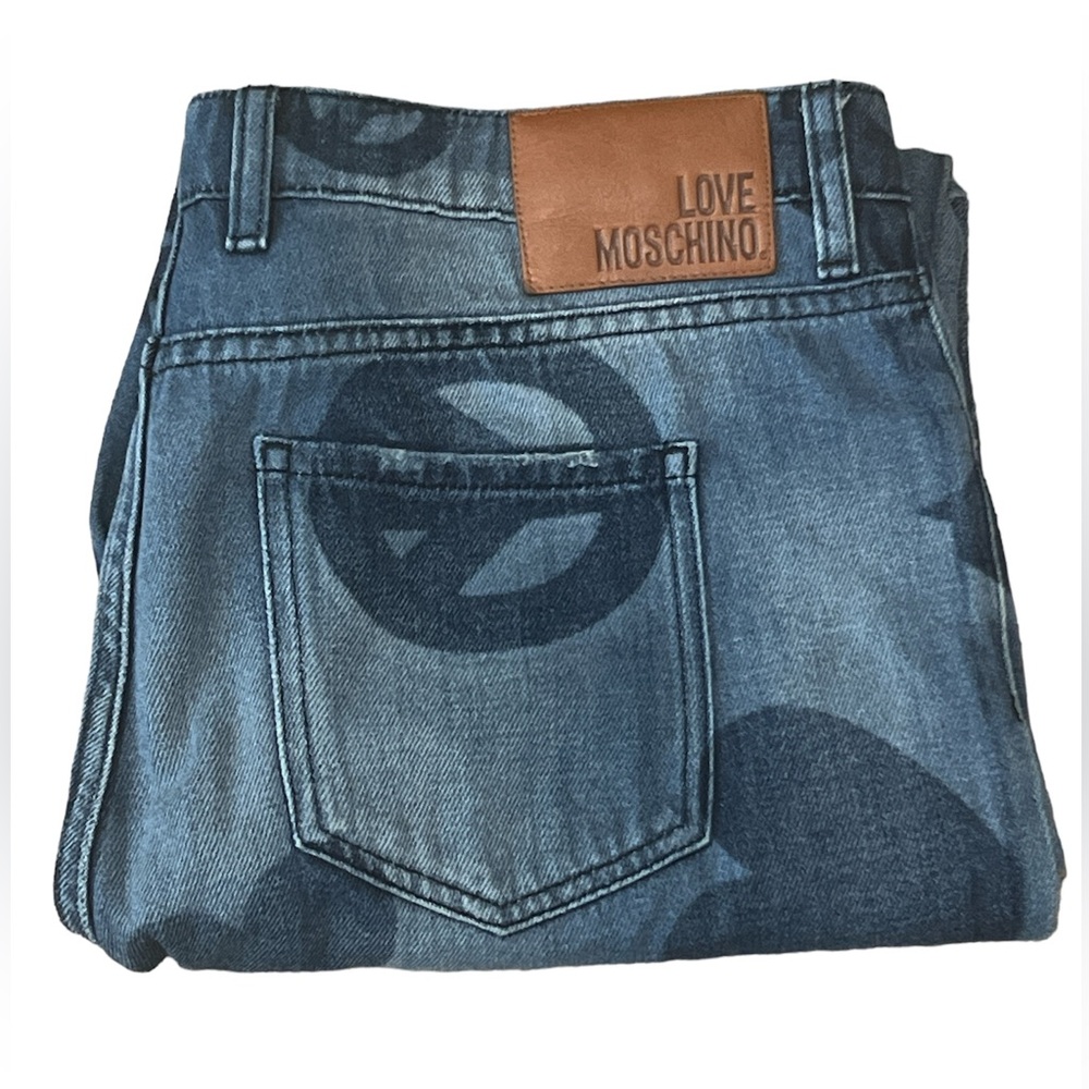 Love Moschino Women Sz 30 Blue Peace Heart Signs print Straight Leg HiRise Jeans - Picture 3 of 11